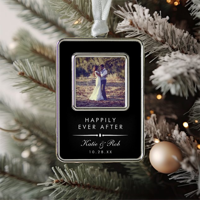 Happily Ever After | Modern Elegant Wedding Photo Christmas Ornament (Creator Uploaded)