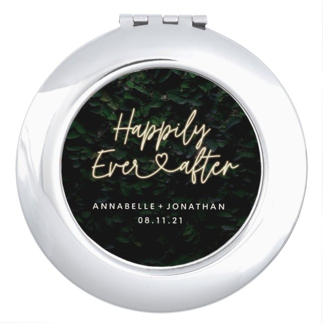 Happily ever after modern foliage wedding party compact mirror (Front)