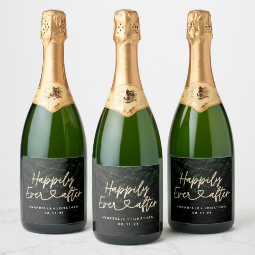 Happily ever after modern foliage wedding party sparkling wine label