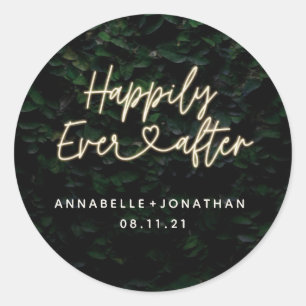 Happily ever after modern foliage wedding party ta classic round sticker