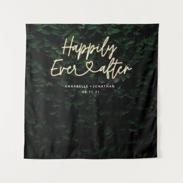 Happily ever after modern foliage wedding party tapestry (Front)