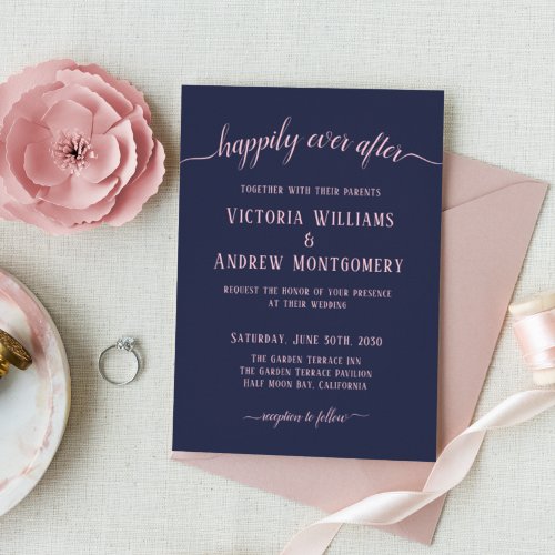 Happily Ever After Modern Pink Script Navy Wedding Invitation