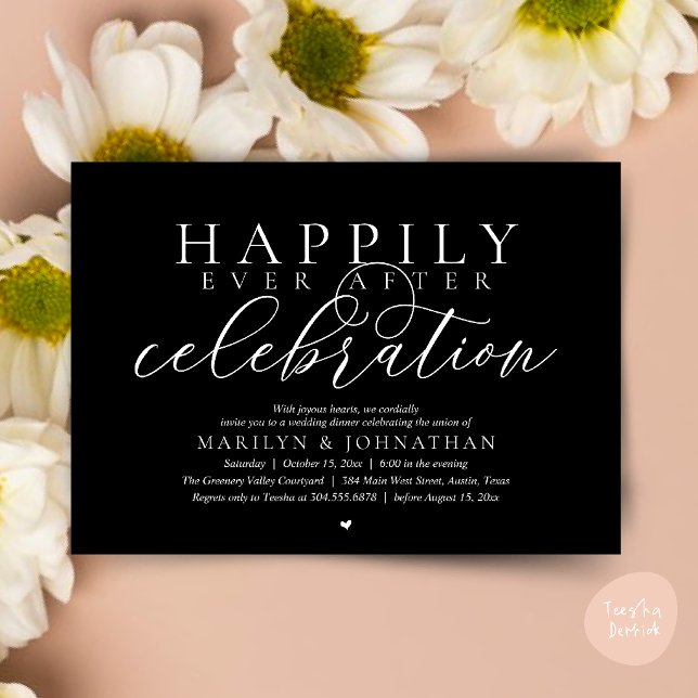 Happily Ever After Modern Wedding Celebration Invitation (Happily Ever After Modern Wedding Celebration Dinner Brunch, Lunch, Invites Card in Classy Black)