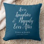 Happily Ever After Nautical Blue Throw Pillow<br><div class="desc">A new updated color : a nautical ocean blue! Such a cheerful color to add to such beautiful & delightful words that decorate this pillow. Add your names & wedding date and find out how great this looks! The words are in a white font with a bold blue background -...</div>