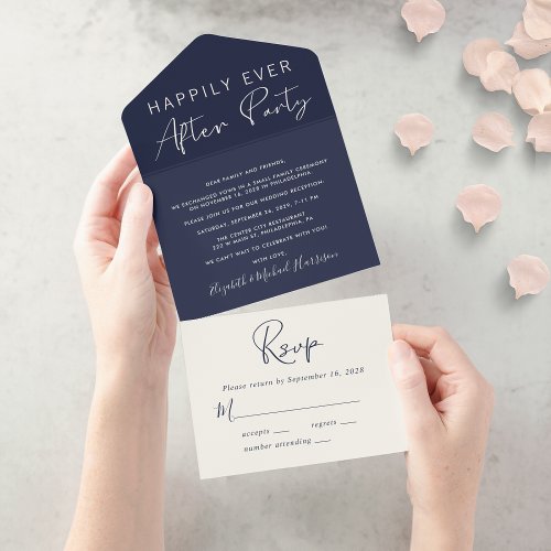 Happily Ever After Navy Blue Wedding Reception All In One Invitation