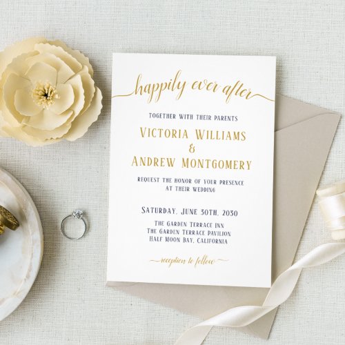 Happily Ever After Navy Gold Script Wedding Invitation