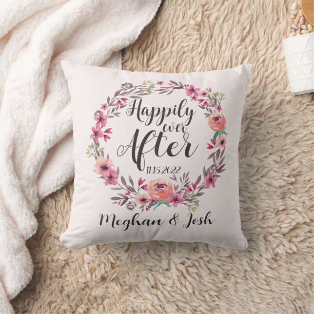 Happily Ever After Newlywed Personalized Name Date Throw Pillow (Blanket)