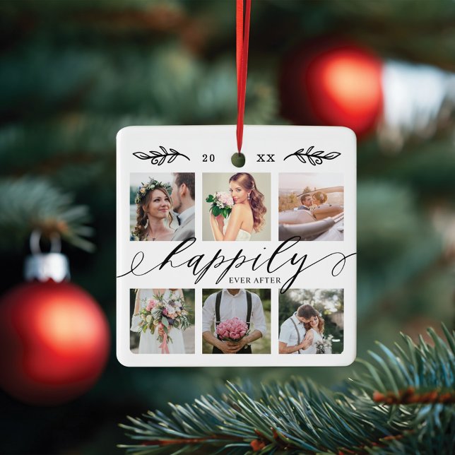 Happily Ever After Newlyweds Wedding Photo Collage Ceramic Ornament (Happily Ever After Newlyweds Wedding Photo Collage Ceramic Ornament)