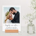 Happily Ever After Newlyweds Wedding Photo Holder<br><div class="desc">Modern tabletop newlyweds wedding photo display for your home or office desk composed of a giclee print mounted in a wood holder. This design features your photograph in a cut out square frame, "happily ever after" in a chic script with swashes and your first names, wedding date and location in...</div>