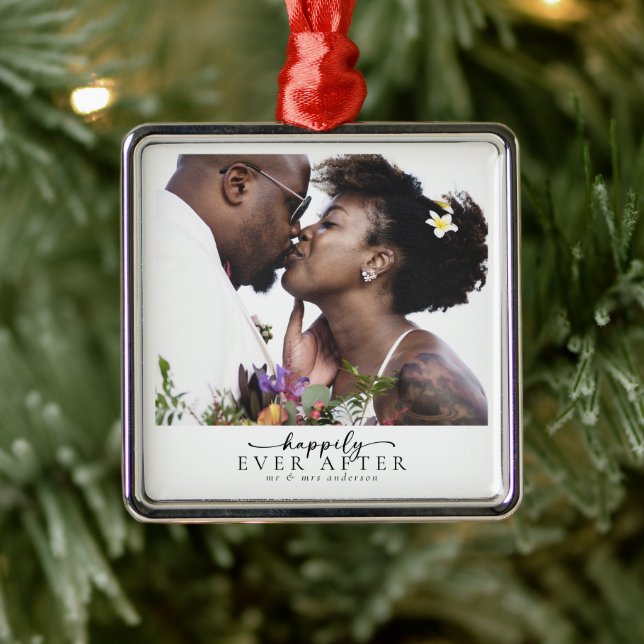 Happily Ever After Newlyweds Wedding Photo Metal Ornament (Tree)