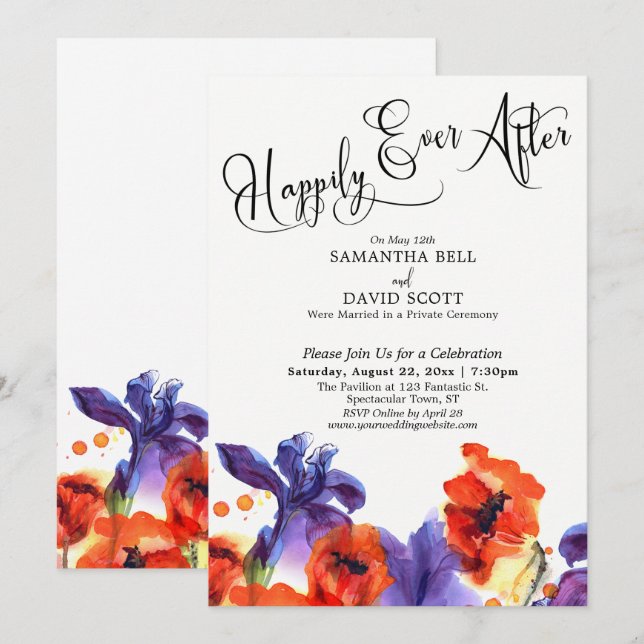 Happily Ever After Painted Red Poppies Purple Iris Invitation (Front/Back)