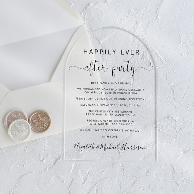 Happily Ever After Party Arch Wedding Reception Acrylic Invitations (Start your forever with elegant arch-shaped acrylic invitations for a timeless Happily Ever After)