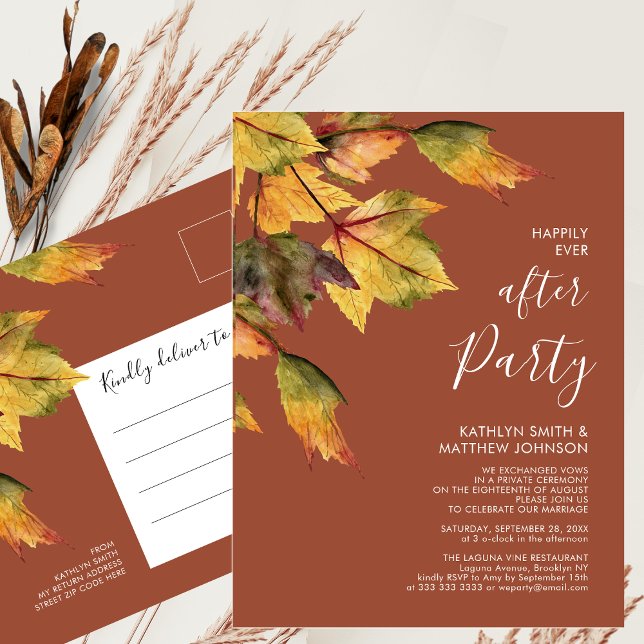 Happily Ever After Party Autumn Foliage Wedding Invitation Postcard (Creator Uploaded)