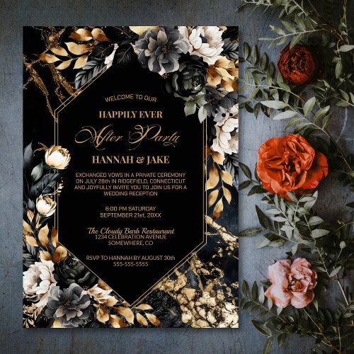 Happily Ever After Party Black Gold Floral Wedding Invitation