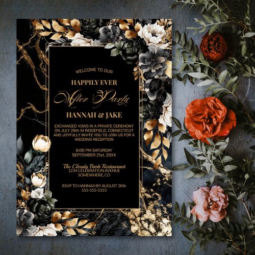 Happily Ever After Party Black Gold Floral Wedding Invitation