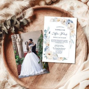 Happily Ever After Party Blue Floral Wedding Invitation