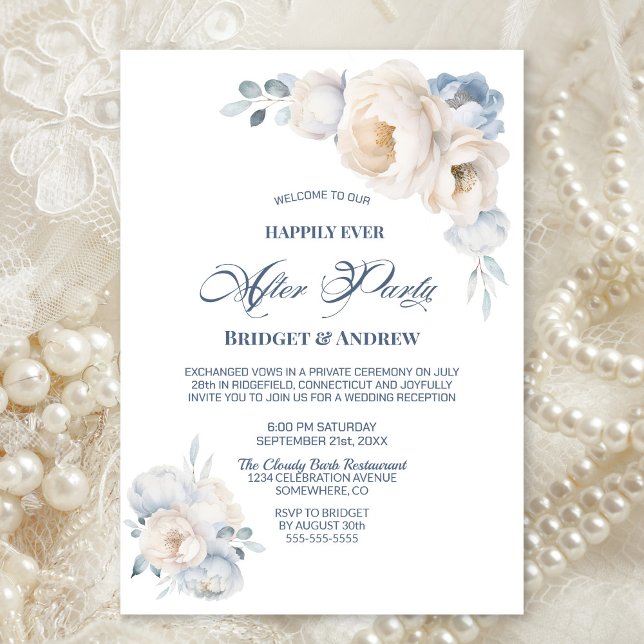Happily Ever After Party Blue White Floral Wedding Invitation (Creator Uploaded)
