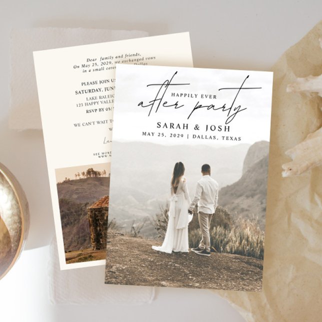 Happily Ever After Party Cream 2 Photo Announcement (Easily personalize this wedding reception invitation with 2 wedding photos, and your details!)