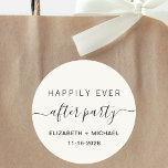 Happily Ever After Party Cream Wedding Reception Classic Round Sticker<br><div class="desc">A modern light cream sticker for your post wedding reception or party invitations,  favors and correspondence with "Happily Ever After Party" in a mix of simple typography and trendy script with swashes,  your first names and date.</div>