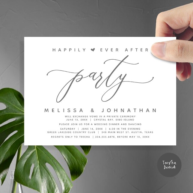 Happily Ever After Party, Dark Grey Wedding Dinner Invitation (Modern Romantic Wedding Elopement Happily Ever After Dinner Party Invitation Card, PDF, Grey)