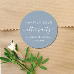 Happily Ever After Party Dusty Blue Wedding Classic Round Sticker<br><div class="desc">A chic dusty blue sticker for your wedding reception party invitations,  favors and correspondence with "Happily Ever After Party" in a mix of simple modern white typography and an elegant white script with swashes,  your first names joined by a heart and your reception date.</div>