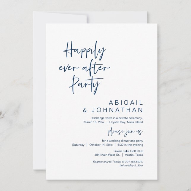 Happily Ever After Party, Elopement, Navy Blue Invitation (Front)