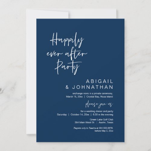 Happily Ever After Party Elopement Navy Blue Invitation