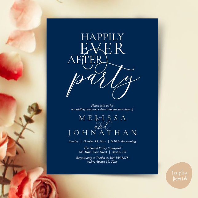 Happily Ever After Party, Modern Classy Wedding Invitation (Happily Ever After Party, Modern Classy Wedding Invitation Card PDF Navy Blue)