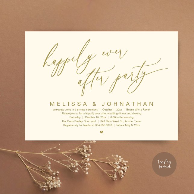 Happily Ever After Party Modern Wedding Dinner Invitation (Happily Ever After Party Modern Romantic Wedding Dinner Party Invitation Card PDF Yellow Gold)