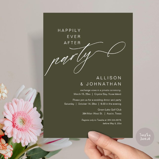 Happily Ever After Party, Modern Wedding Elopement Invitation (Happily Ever After Party, Modern Wedding Elopement Dinner Invitation Card, PDF, Olive green)