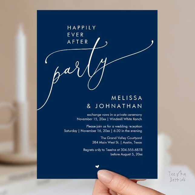 Happily Ever After Party Modern Wedding Reception Invitation (Happily Ever After Party Modern Wedding Reception Invitation Card Dinner Brunch Lunch in Navy Blue)