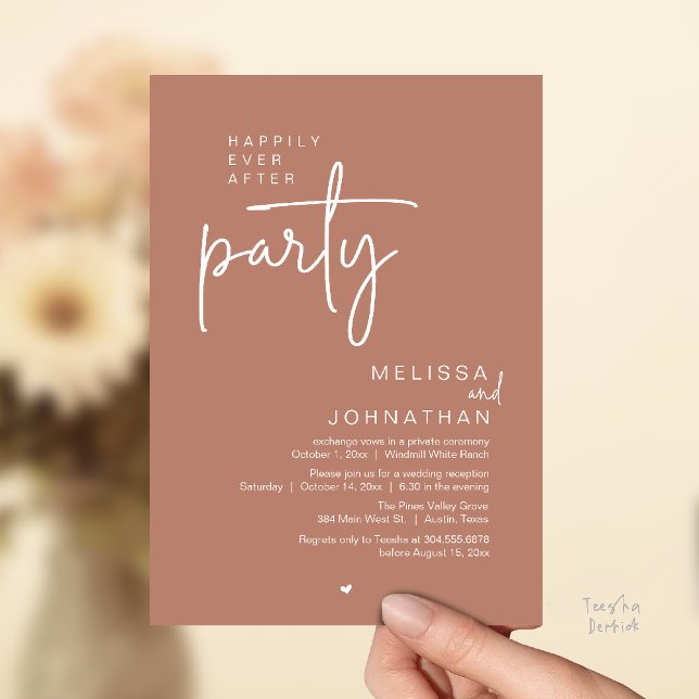 Happily Ever After Party, Modern Wedding Reception Invitation (Happily Ever After Party, Modern Wedding Reception Invitation Card in terracotta earthy brown)