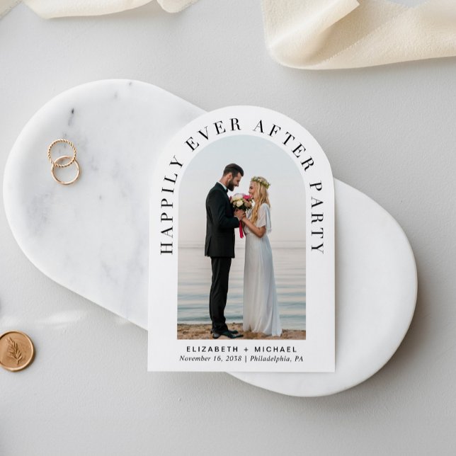 Happily Ever After Party Photo Arch Wedding Invitation (Celebrate your love story with an invitation showcasing your favorite photo in an elegant arch frame)