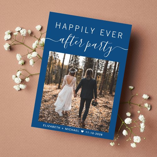 Happily Ever After Party Photo Blue Wedding Announcement