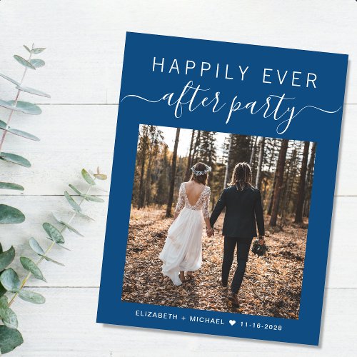 Happily Ever After Party Photo Blue Wedding Announcement Postcard