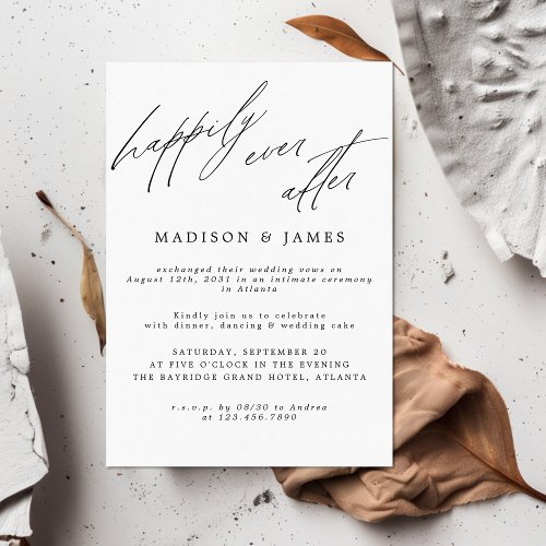 Happily Ever After Party Photo Calligraphy Wedding Announcement