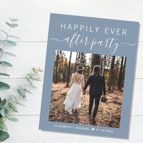 Happily Ever After Party Photo Dusty Blue Wedding Announcement Postcard