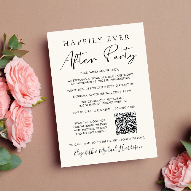 Happily Ever After Party Photo QR Code Cream Announcement (input your website address to create a scannable qr code)