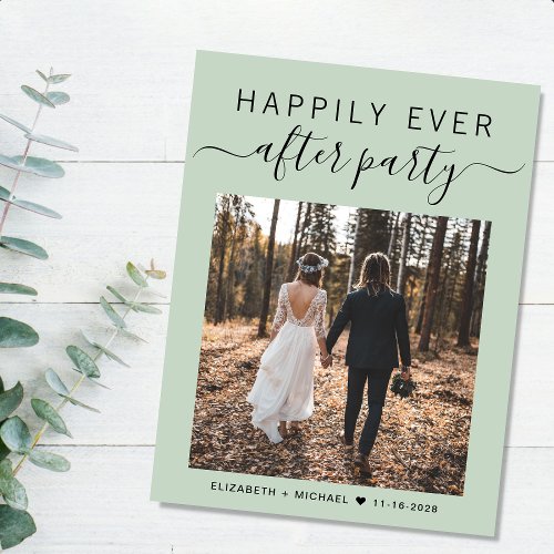 Happily Ever After Party Photo Sage Green Wedding Announcement Postcard