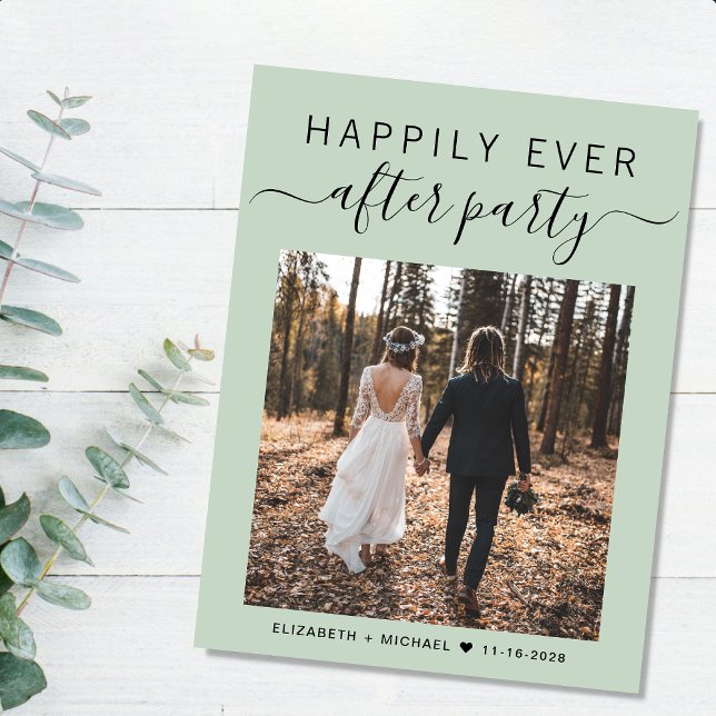 Happily Ever After Party Photo Sage Green Wedding Announcement Postcard (An chic Happily Ever After Party postcard invitation for your wedding celebration)