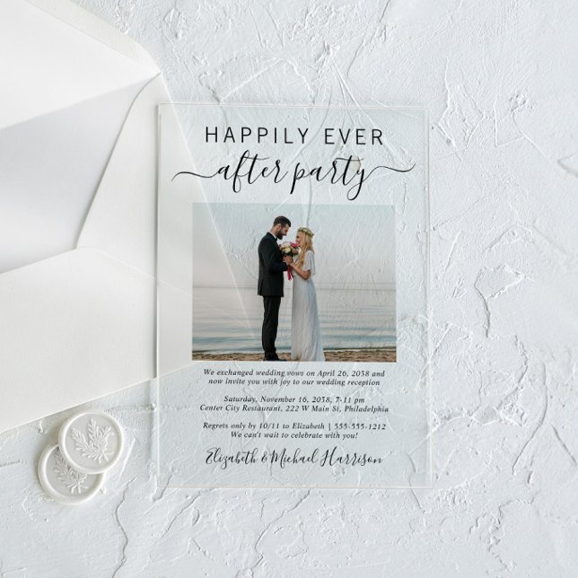 Happily Ever After Party Photo Wedding Reception Acrylic Invitations (Celebrate your Happily Ever After in style with our elegant acrylic wedding reception invitations)