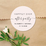 Happily Ever After Party Pink Wedding Reception Classic Round Sticker<br><div class="desc">A modern light pink sticker for your post wedding reception or party invitations,  favors and correspondence with "Happily Ever After Party" in a mix of simple typography and trendy script with swashes,  your names and date.</div>