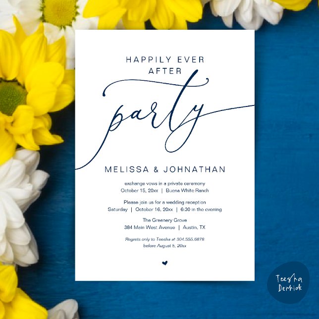 Happily Ever After Party Romance Wedding Reception Invitation (Happily Ever After Party Romance Wedding Reception Invitation card in navy blue)