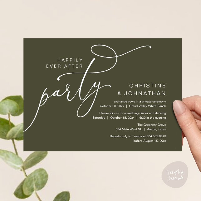 Happily Ever After Party, Romantic Dinner Dancing Invitation (Happily Ever After Party, Romantic Modern Elopement Dinner Dancing Invites Card PDF Olive Green)