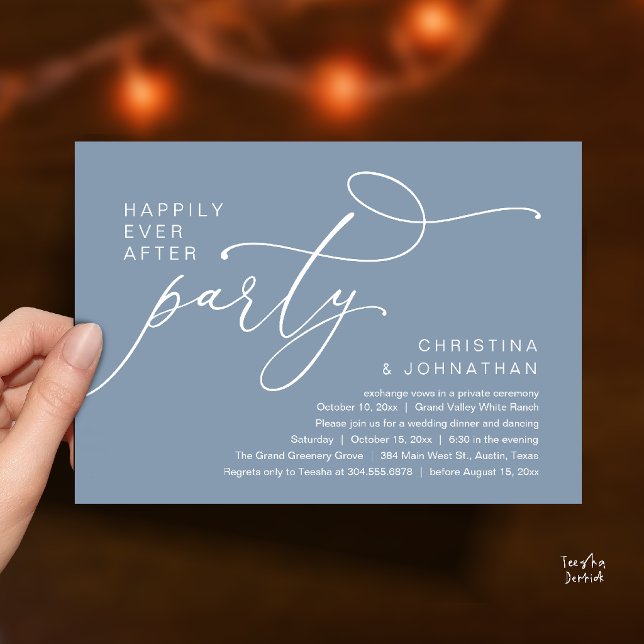 Happily Ever After Party, Romantic Wedding Dinner Invitation (Happily Ever After Party, Romantic Wedding Dinner Invitation card in dusty blue)