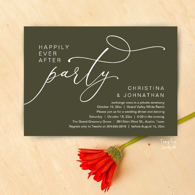 Happily Ever After Party, Romantic Wedding Dinner Invitation (Happily Ever After Party, Romantic Wedding Dinner Invitation card in olive green)