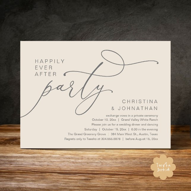 Happily Ever After Party, Romantic Wedding Dinner Invitation (Happily Ever After Party, Romantic Wedding Dinner Invitation card in cream and grey)
