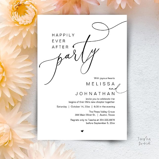 Happily Ever After Party, Romantic Wedding Dinner Invitation (Happily Ever After Party, Romantic Wedding Reception Dinner Invitation Card in Black White)
