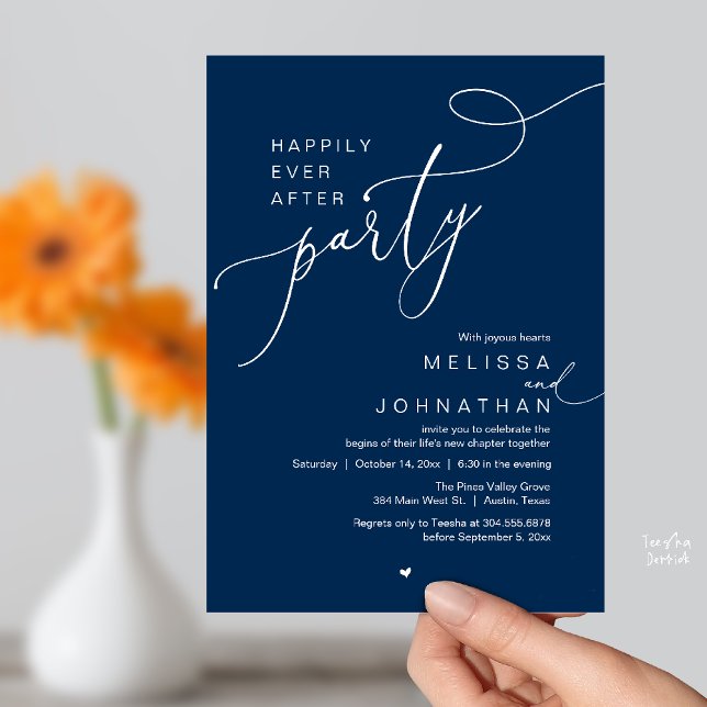 Happily Ever After Party, Romantic Wedding Dinner Invitation (Happily Ever After Party, Romantic Wedding Reception Dinner Invitation Card in Navy Blue)