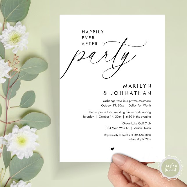Happily Ever After Party, Romantic Wedding Dinner Invitation (Happily Ever After Party, Modern Romantic Wedding Dinner Invitation Card, PDF, in Black and White)